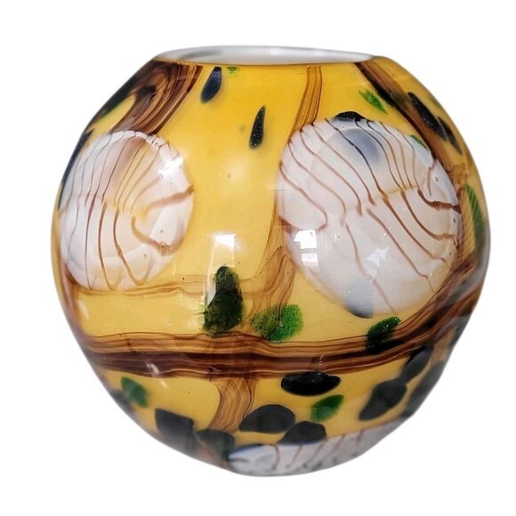 Vintage Murano Style Round Hand Blown Glass Vase Yellow Cobalt - Picture 4 of 9